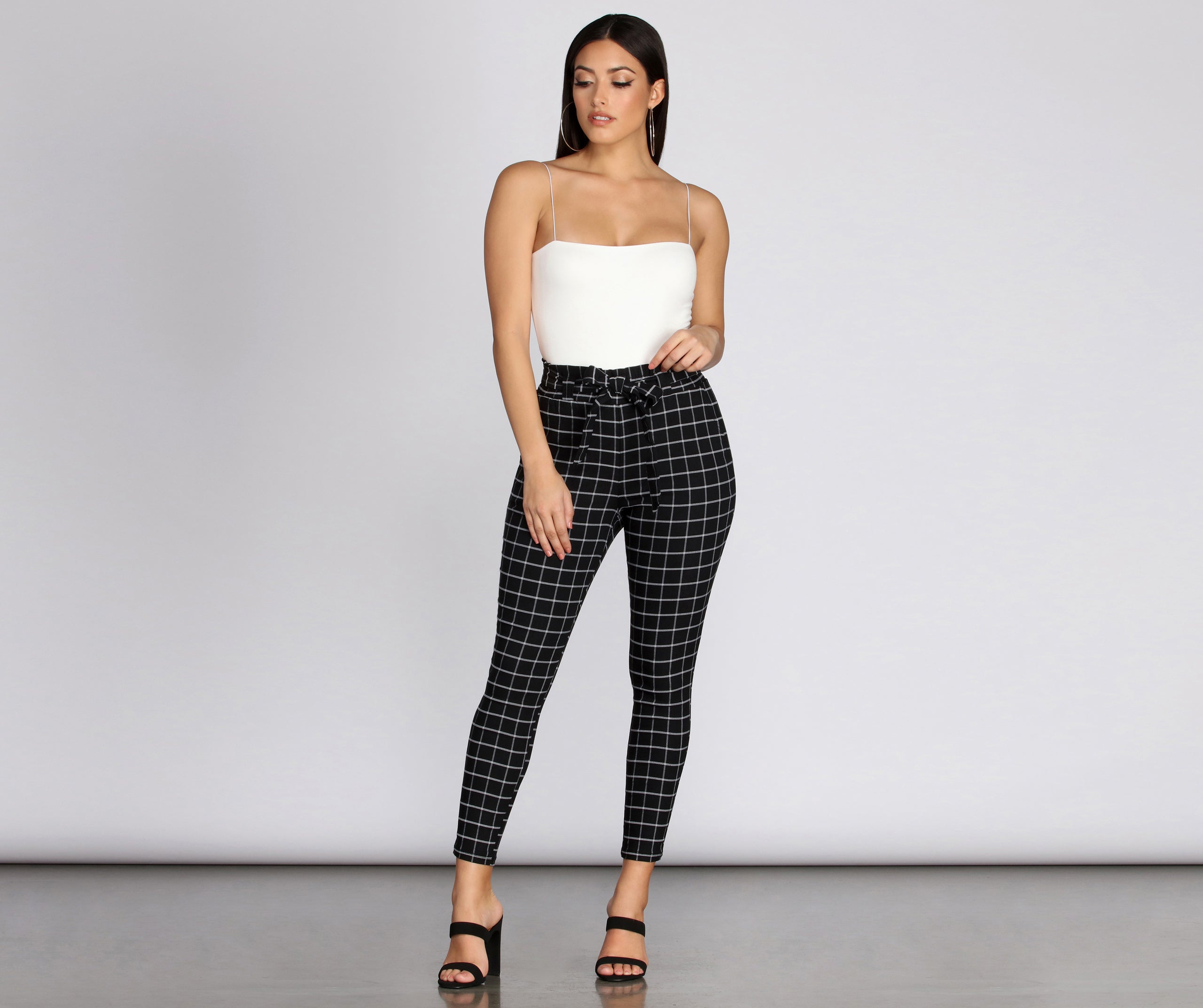 Plaid Paper Bag Tie Waist Skinny Pants