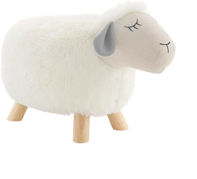 Fluffy Off White and Gray Sheep Stool with Wooden Legs