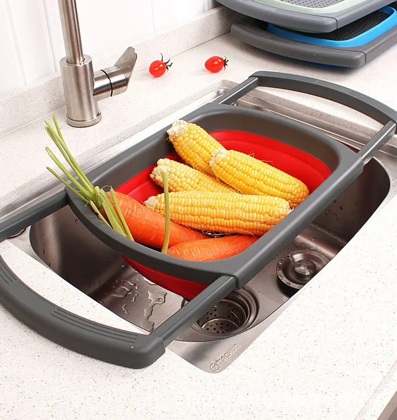 Firstents Fruit Vegetable Draining Kitchen Washing Filter Collapsible Silicone Folding Basket With Retractable Handles