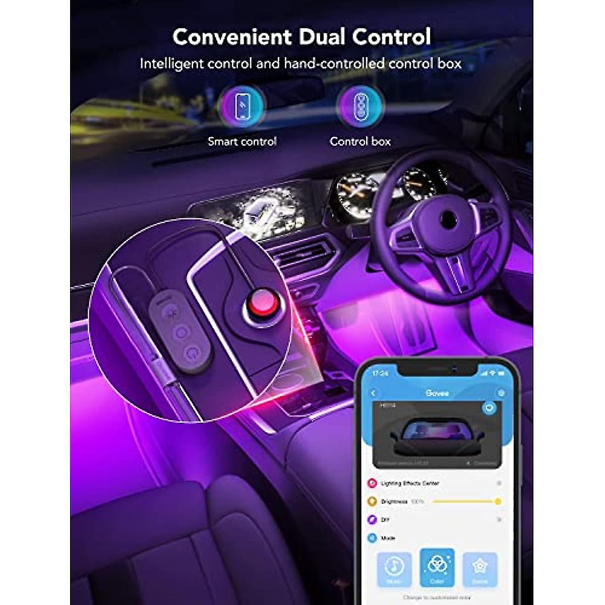 Car Led Strip Light  Interior Car Lights 2-line Design Waterproof 4pcs App Control Lighting Kit  Under Dash Rgb Car Lighting With Car Charger