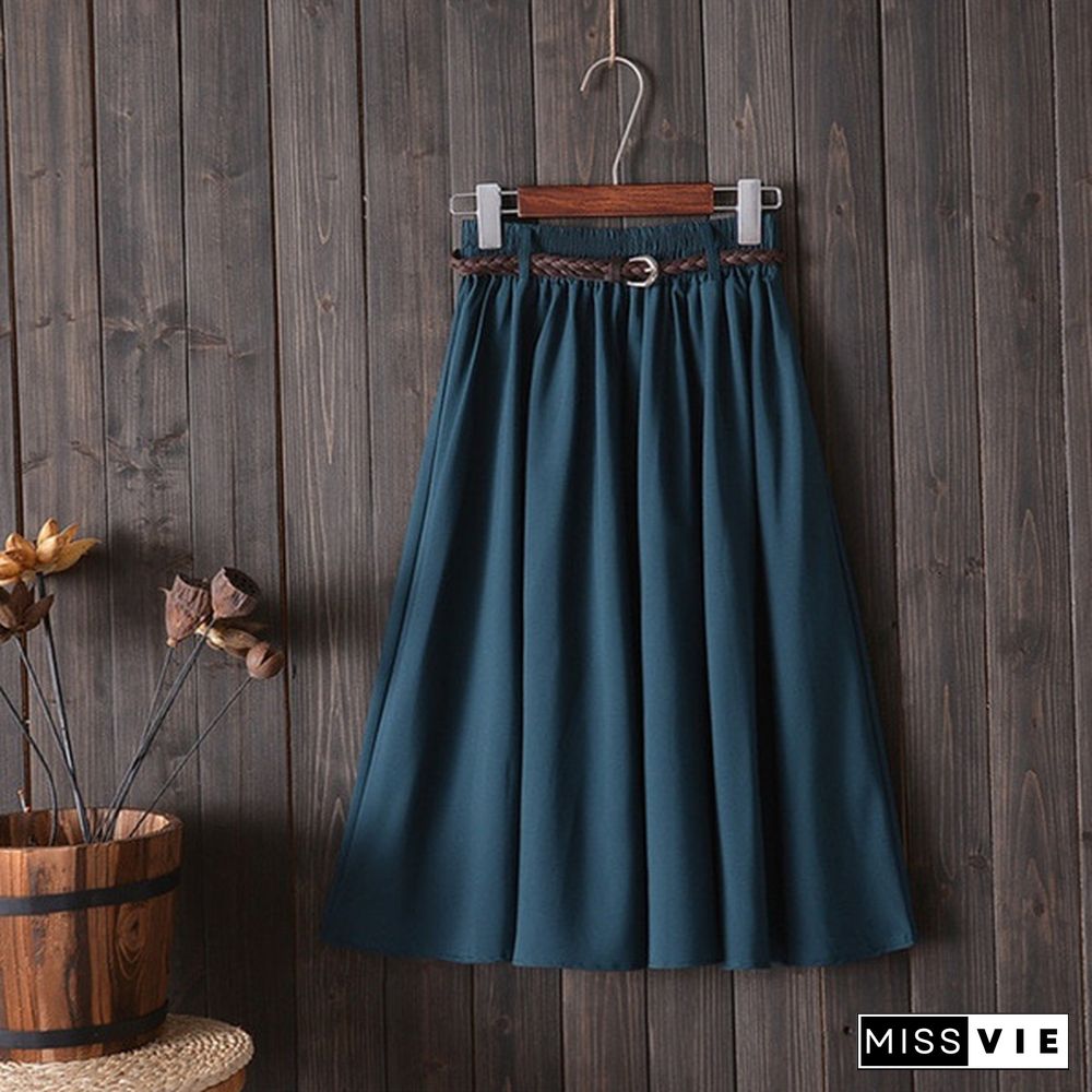 Midi Knee Length Summer Skirt Women With Belt Ladies High Waist Pleated A-Line School Skirt Female