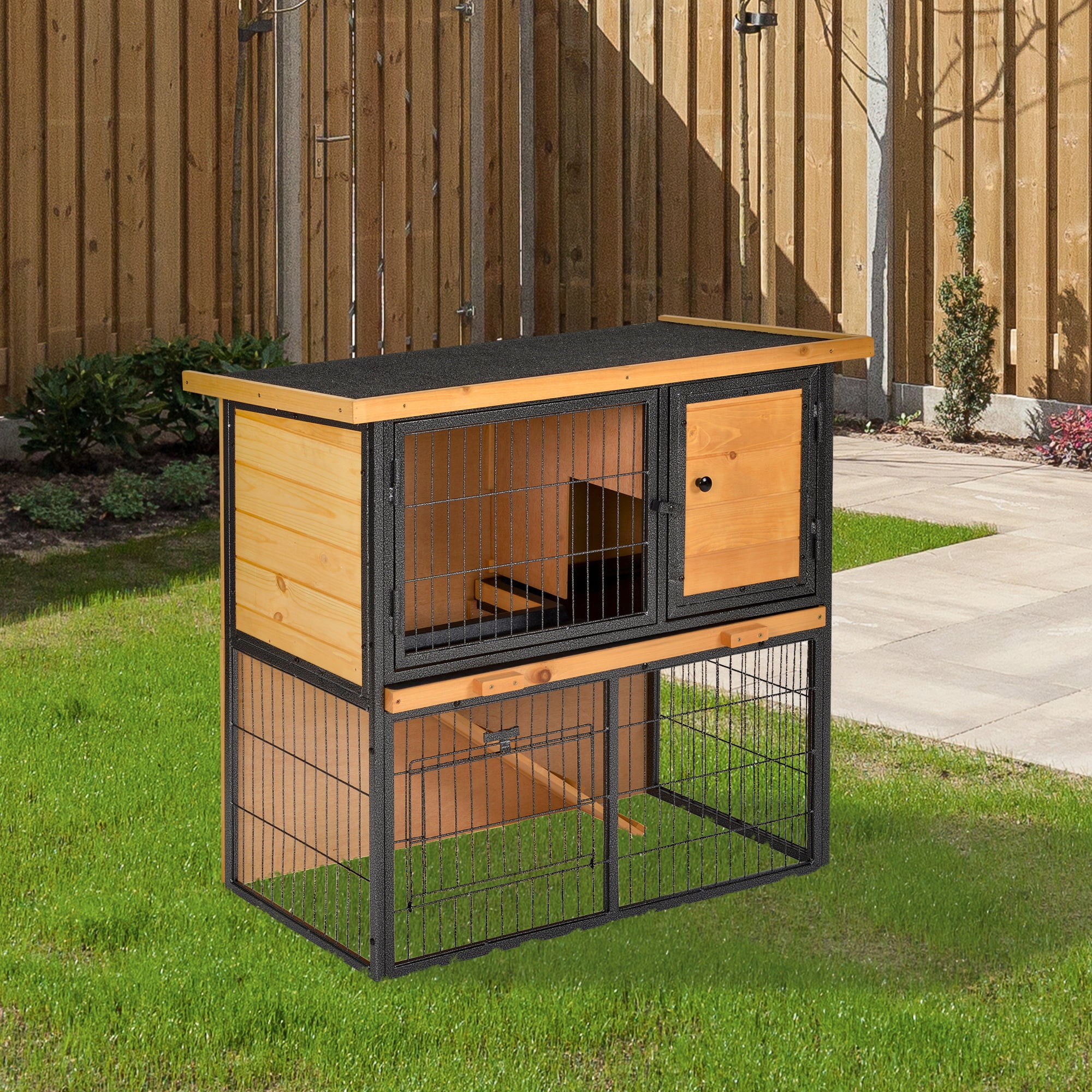 Pawhut Wood-metal Rabbit Hutch Elevated Pet House Bunny Cage Small Animal Habitat with Slide-out Tray Asphalt Openable Roof Lockable Door for Outdoor 35