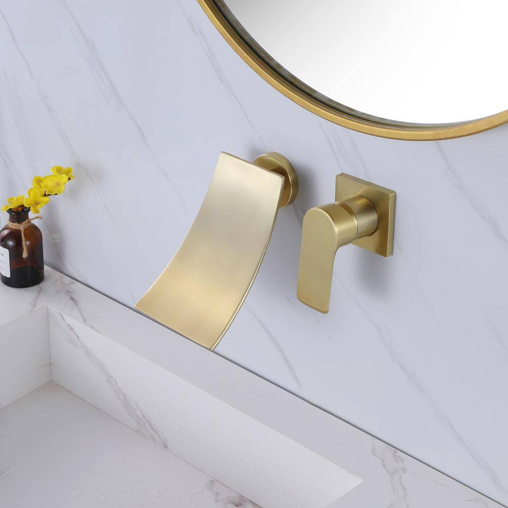 FLG Single-Handle Wall Mounted Bathroom Faucet Waterfall Brass Bathroom Sink Vanity Taps in Brushed Gold (Valve Included) KK-0069-BG