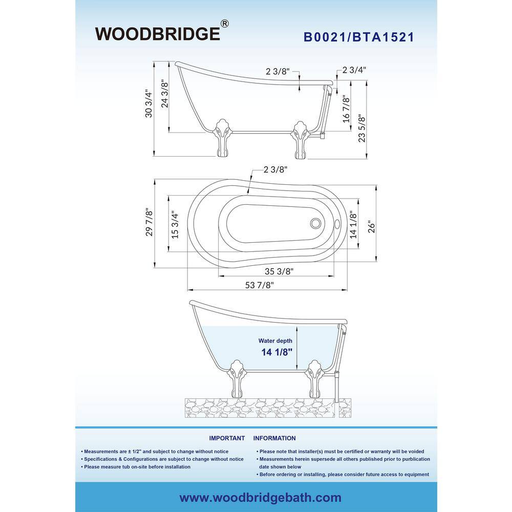 WOODBRIDGE Dover 54 in. Heavy Duty Acrylic Slipper Clawfoot Bathtub White Faucet Claw Feet Drain  Overflow in Oil Rubbed Bronze HBT7009