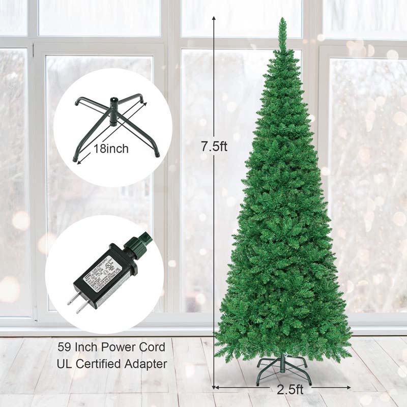 4.5/6.5/7.5FT Pre-Lit Artificial Slim Pencil Christmas Tree with Hinged Branch Tips, LED Lights & Solid Metal Stand