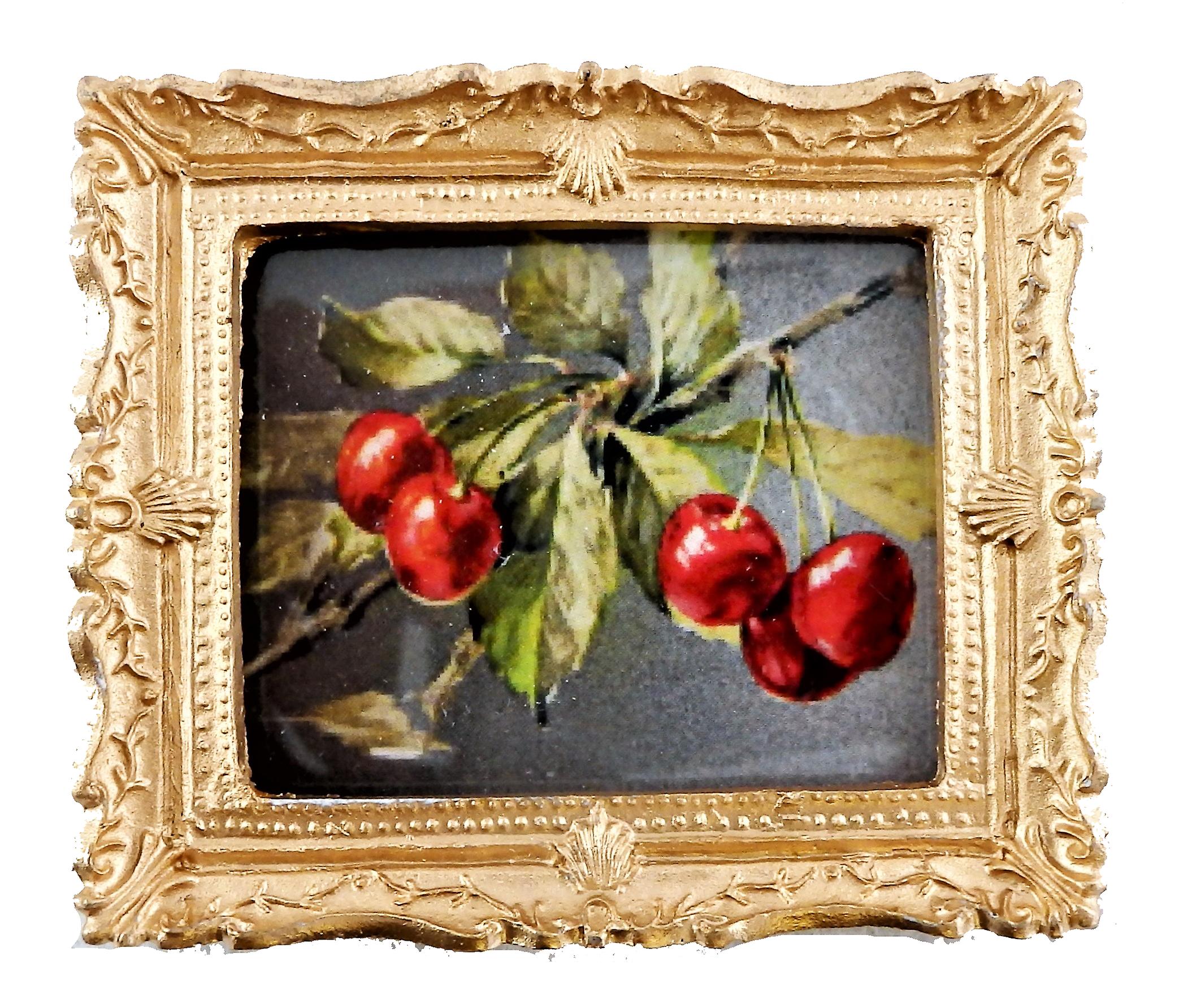 Dolls House Miniature Cherries On A Branch Painting Gold Frame