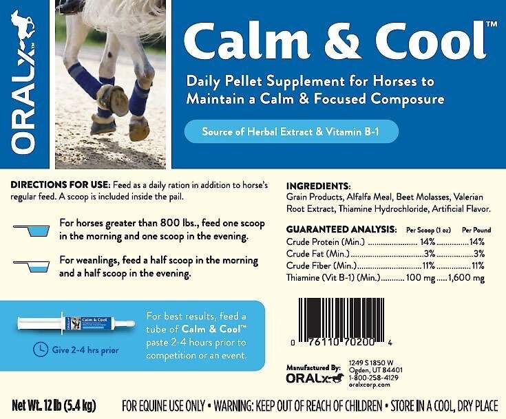 Oralx Calm and Cool Daily Calming Hay Flavor Pellets Horse Supplement， 12-lb pail