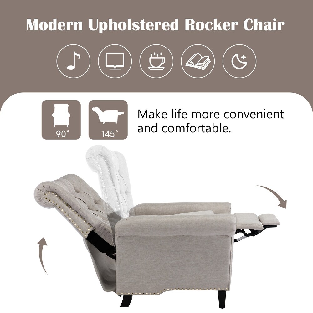 Pushback Linen Tufted Recliner Single Sofa with Nailheads Roll Arm  Adjustable Recliner for Living Room  Bedroom  Office