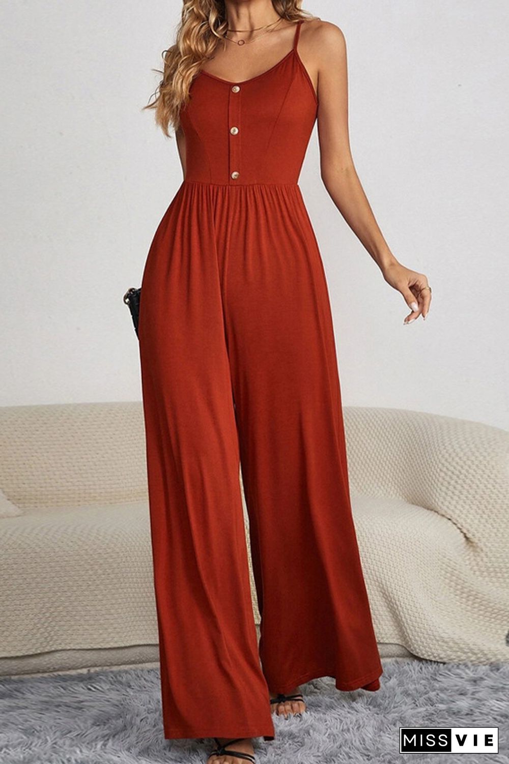 Plain Wide Leg Button Jumpsuit Wholesale