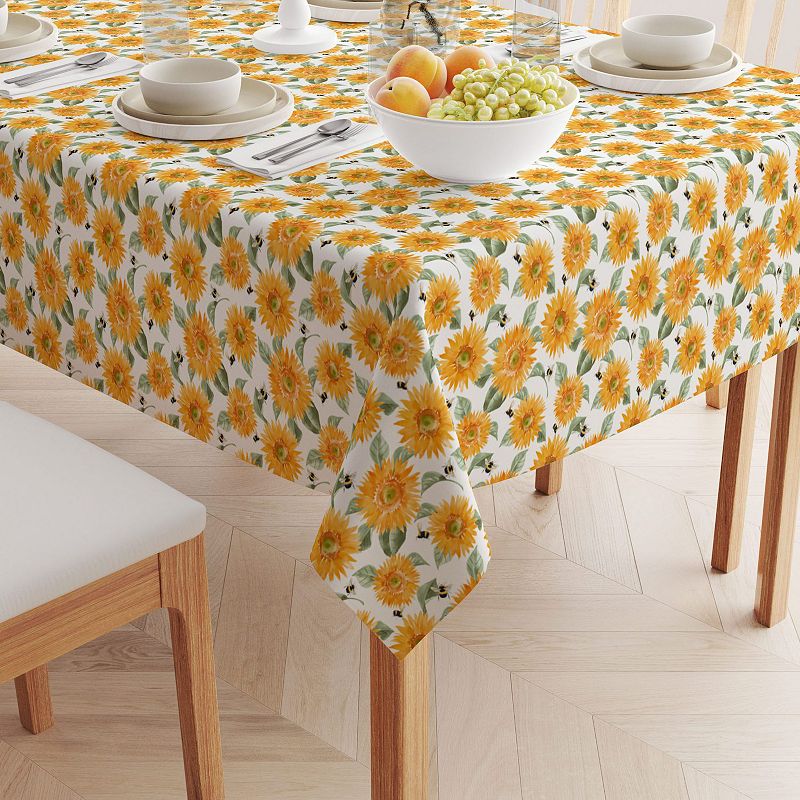 Square Tablecloth， 100% Cotton， 60x60， Buzzing Bees and Sunflowers