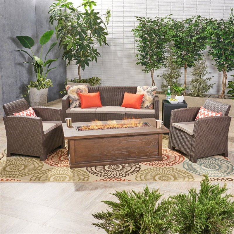 Noble House St. Johns 5 Piece Outdoor Conversation Set in Brown   Tropical   Outdoor Lounge Sets   by Homesquare  Houzz