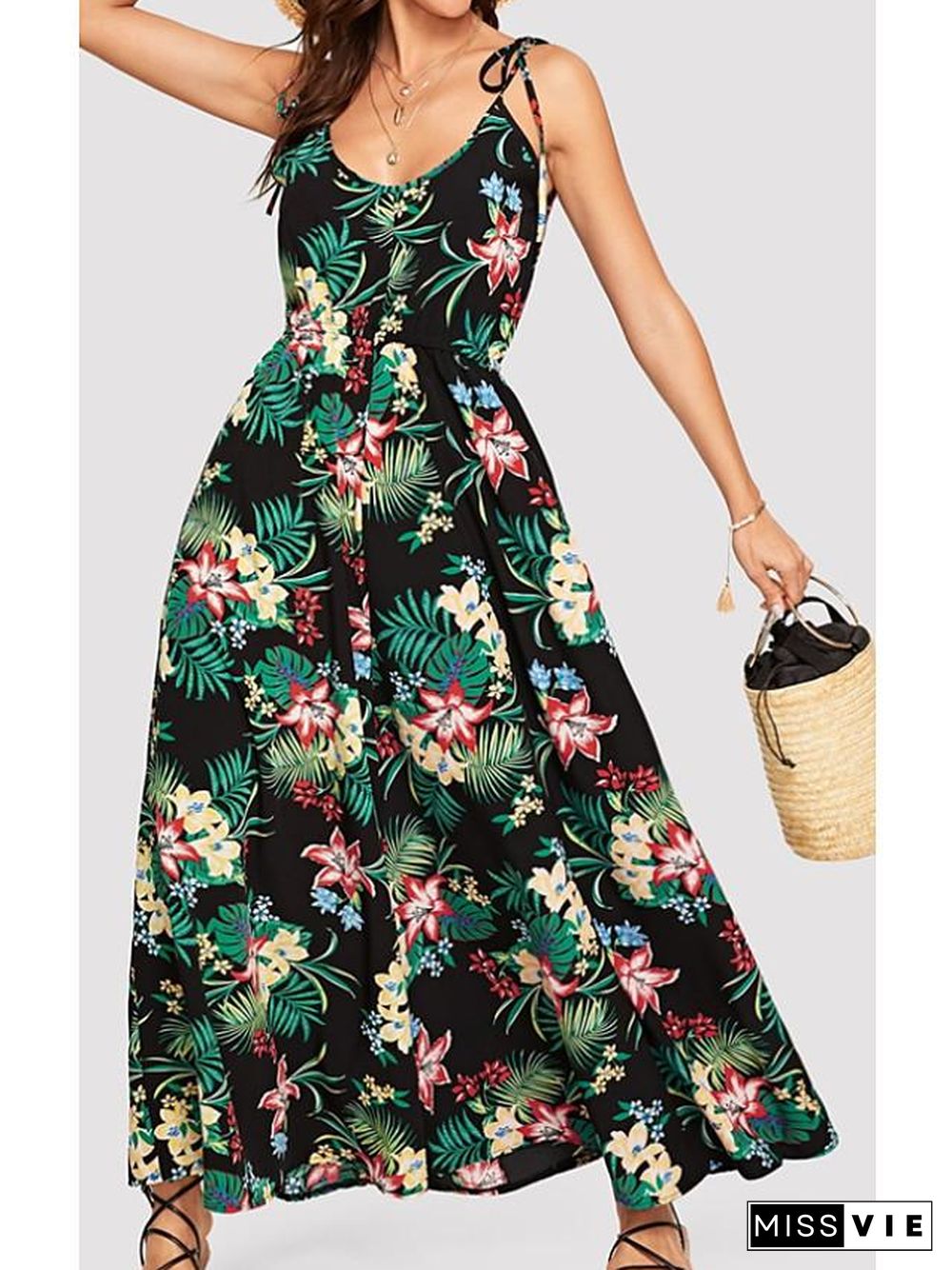 Women's Strap Dress Maxi long Dress Sleeveless Floral Print Spring Summer Casual Green S M L XL Black Dresses