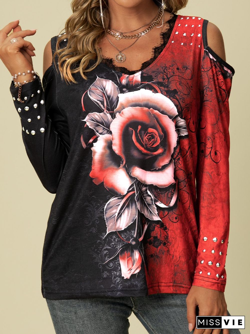 Plus size Cold Shoulder Sexy Printed Casual T-shirt