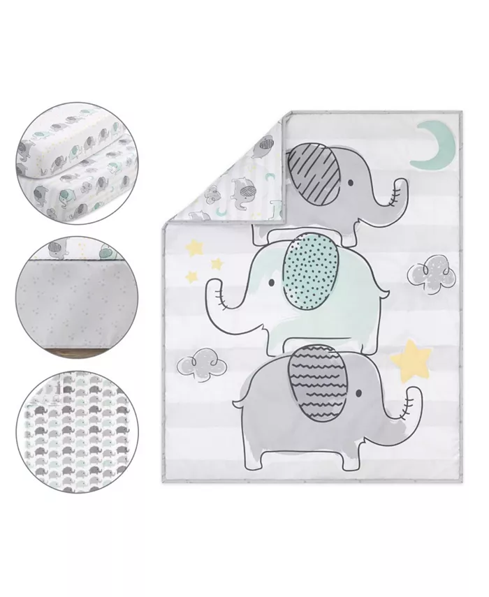 The Peanutshell Grey and Mint Elephant Dreams 5 Piece Crib Bedding Set for Baby Boys or Girls， Nursery Set with Blanket