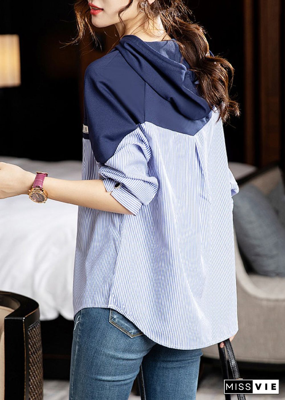 Style Striped Hooded Patchwork Cotton Shirt Long Sleeve