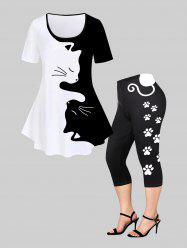 Cat Pattern Colorblock Tee and Cat-pad Printed Leggings Plus Size Summer Matching Set