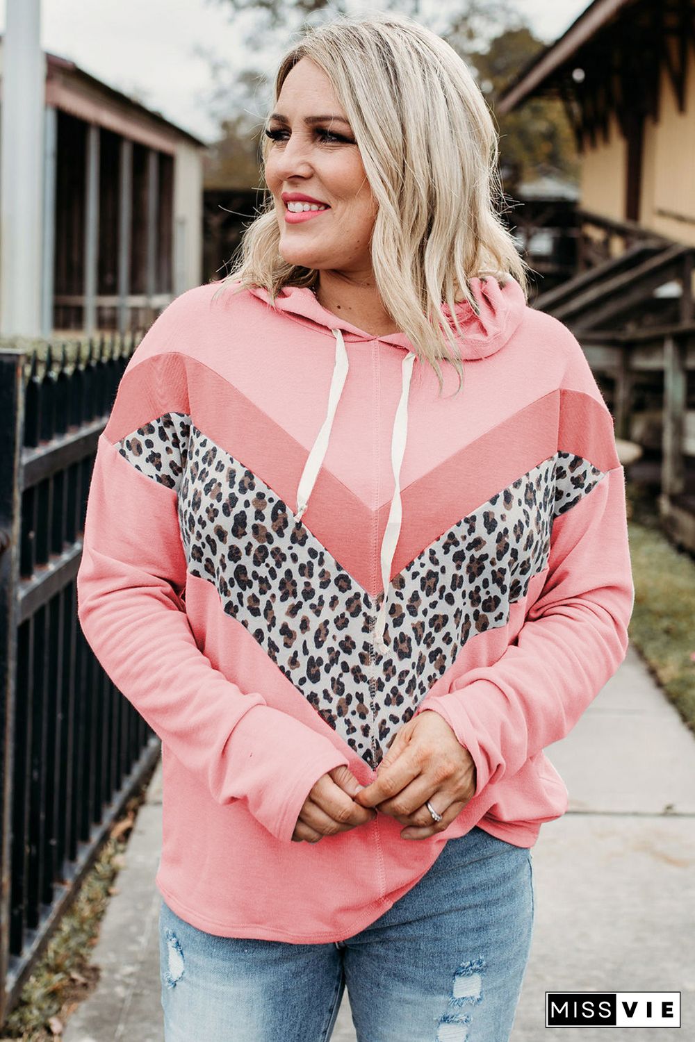 Plus Size Taupe Chevron Hooded Top