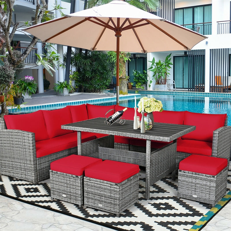 7 Pcs Rattan Patio Dining Furniture Sectional Sofa Set with Dining Table, Ottomans & Cushions