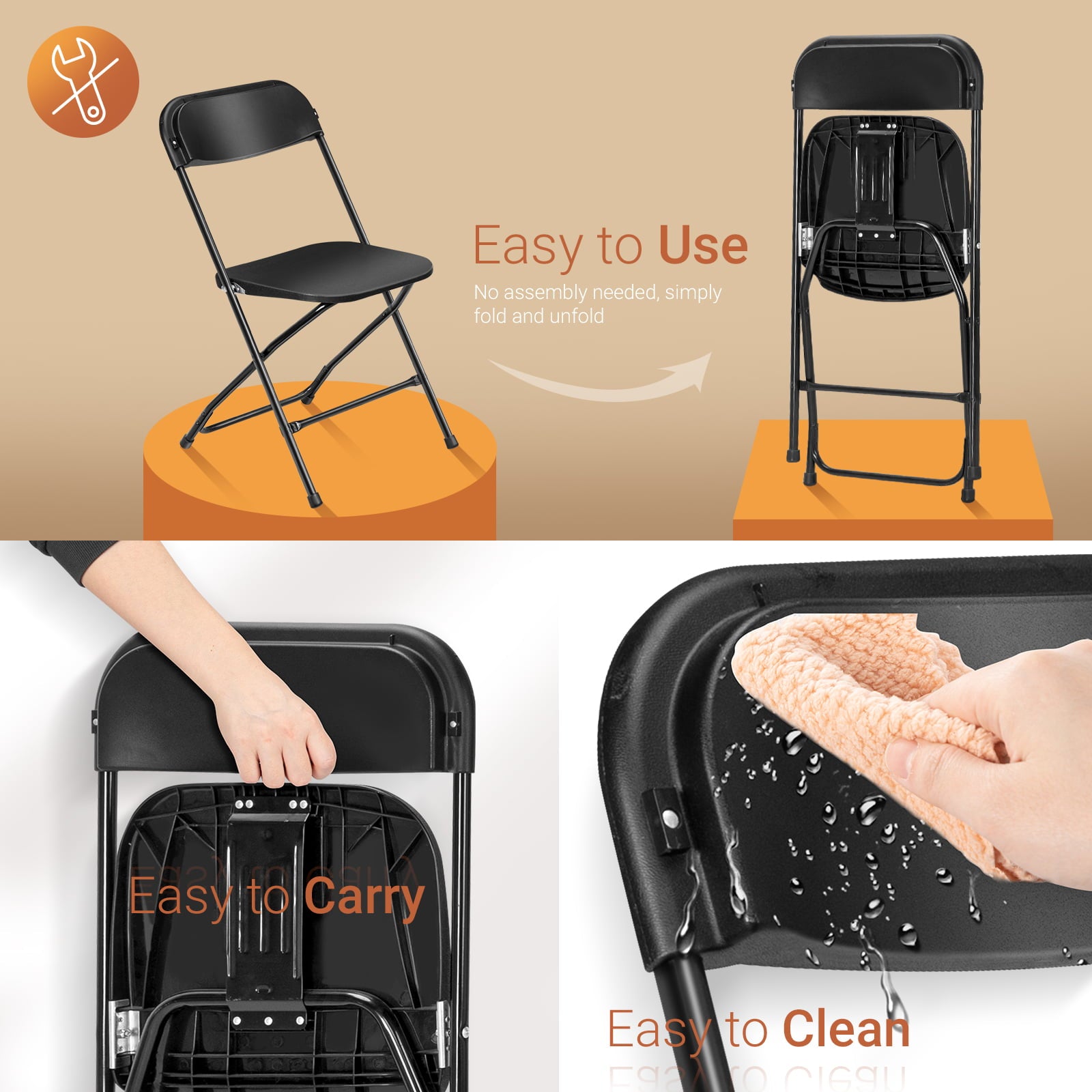 VINGLI 5 Pack Black Plastic Folding Chair， Indoor Outdoor Stackable Seat