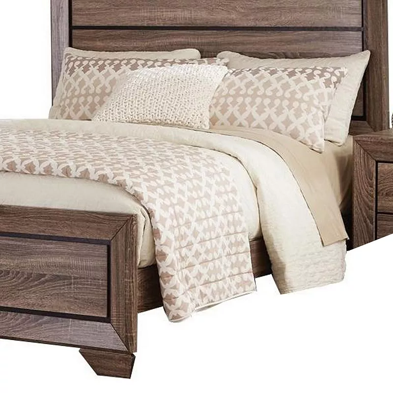 Transitional Style Eastern King Bed with Plank Headboard， Taupe Brown