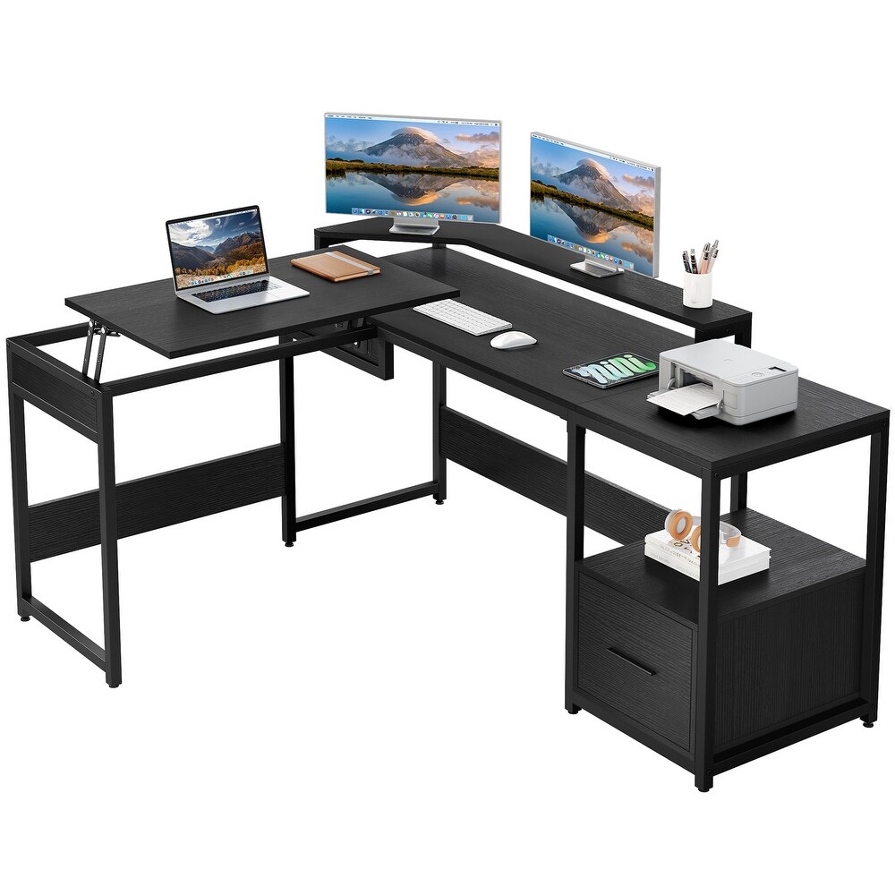 Moasis L Shaped Wood Computer Desk with File Drawer for Home Office