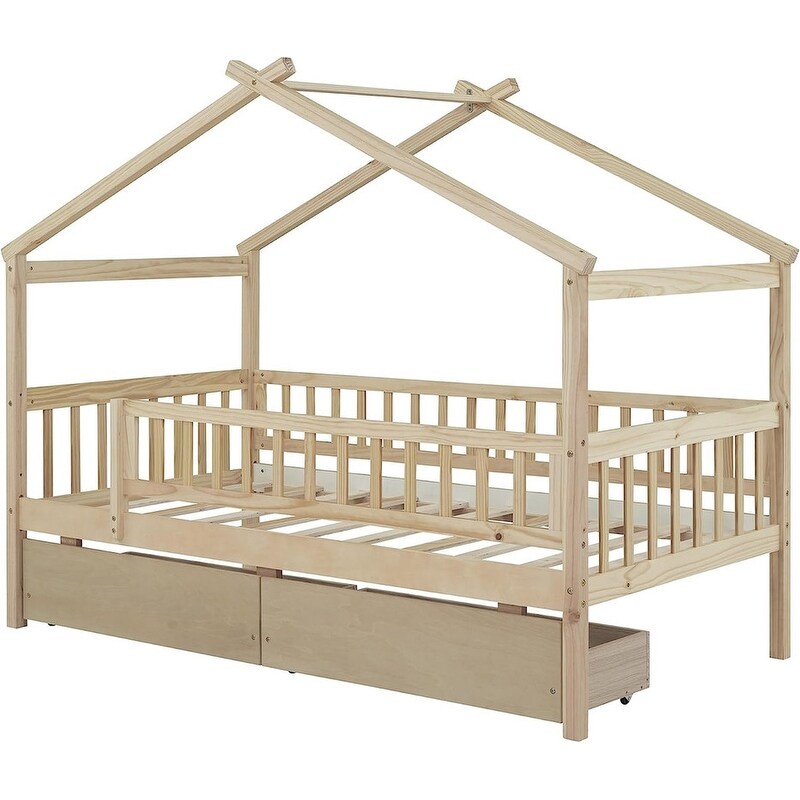 Twin House Bed with 2 Storage Drawers Rails and Roof for Kids