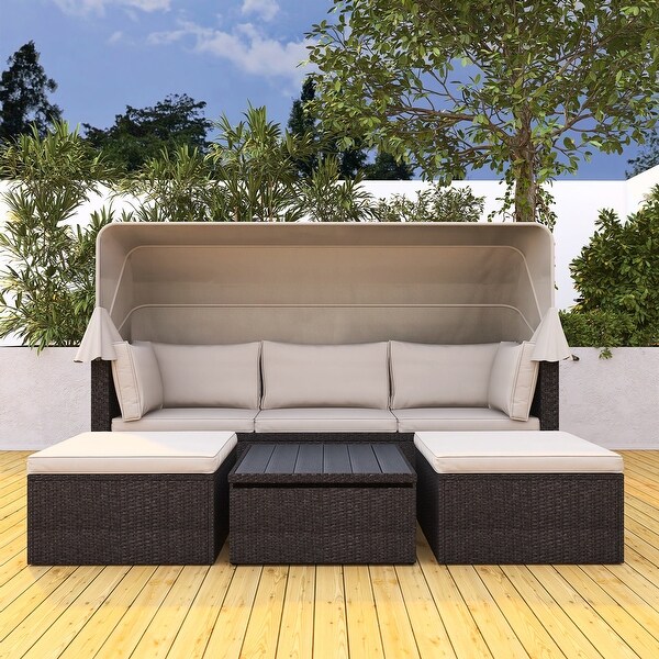 4Piece Outdoor Wicker Sectional Patio Daybed with Canopy and Ottoman