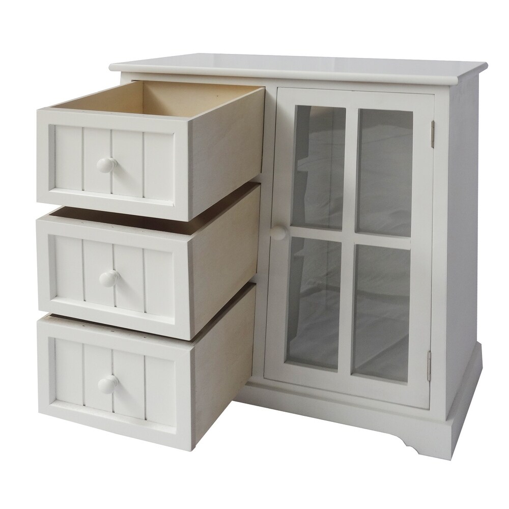 24 Inch Paulownia Wood Accent Cabinet  3 Drawers  1 Glass Door  White