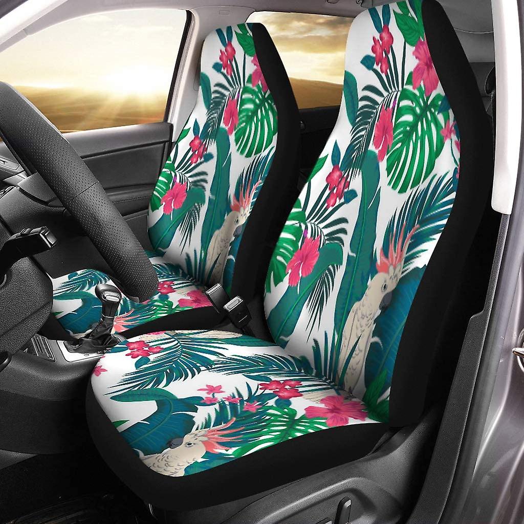 Set Of 2 Car Seat Covers Bright Vibrant Multicolor Tropical Pattern Cockatoo Parrot Banana Leaves Universal Auto Front Seats Protector Fits