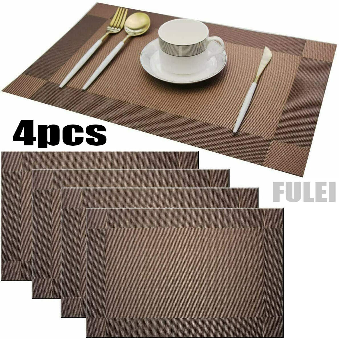 Miumaeov Placemats Set of 4 Washable Coffee Heat-Resistant Woven Vinyl PVC Table Mats for Kitchen Dining Table Brown