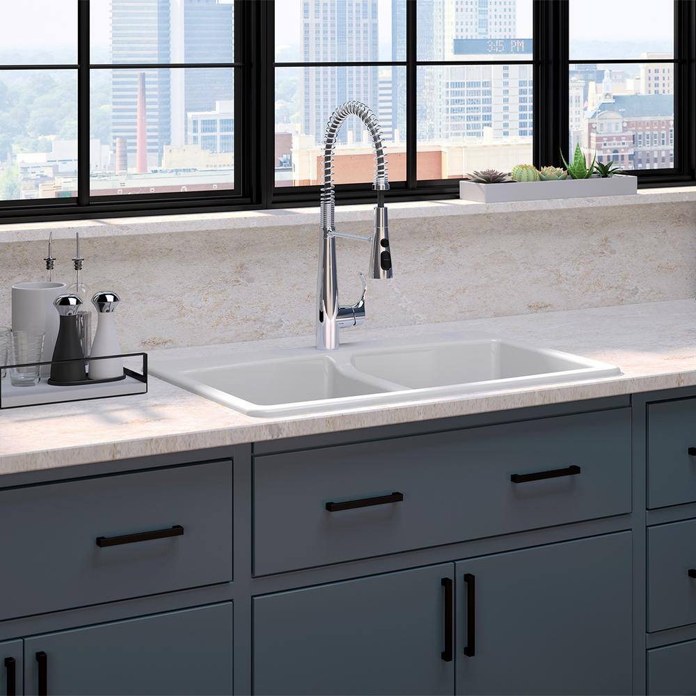 KOHLER Brookfield All-in-One Drop-In Cast Iron 33 in. Double Bowl Kitchen Sink with Simplice Semi Pro Faucet in Polished Chrome K-22033-CP-5846-1-0