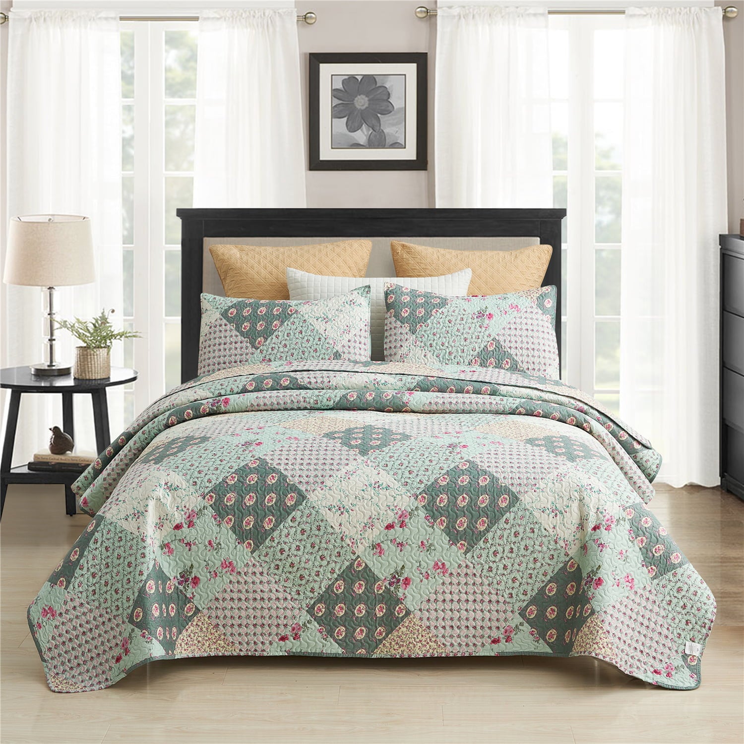 JML Quilt Set， Queen， Pastorale Green， 3 Piece