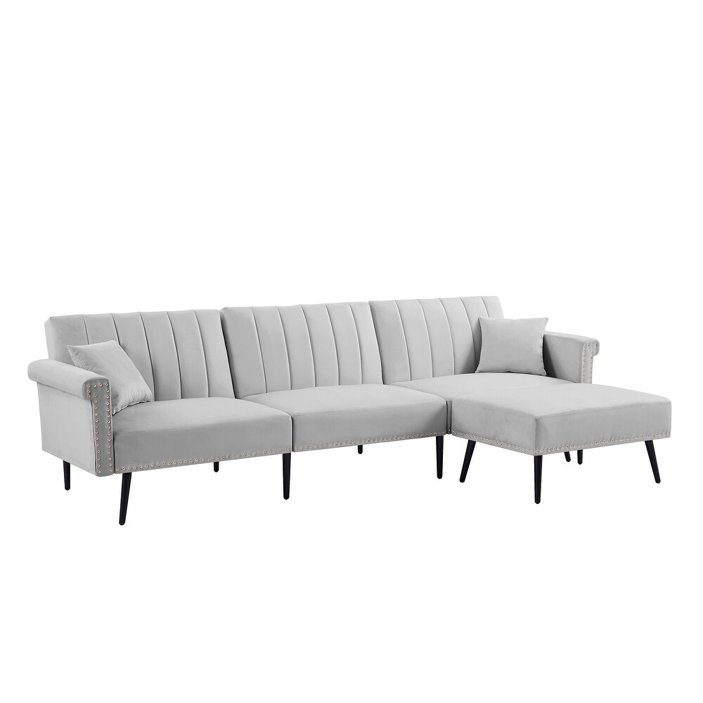 Velvet Upholstered L Shaped Sectional Sofa Convertible Sofa Bed with Nailhead Trim and Ottoman  Adjustable Backrest Positions