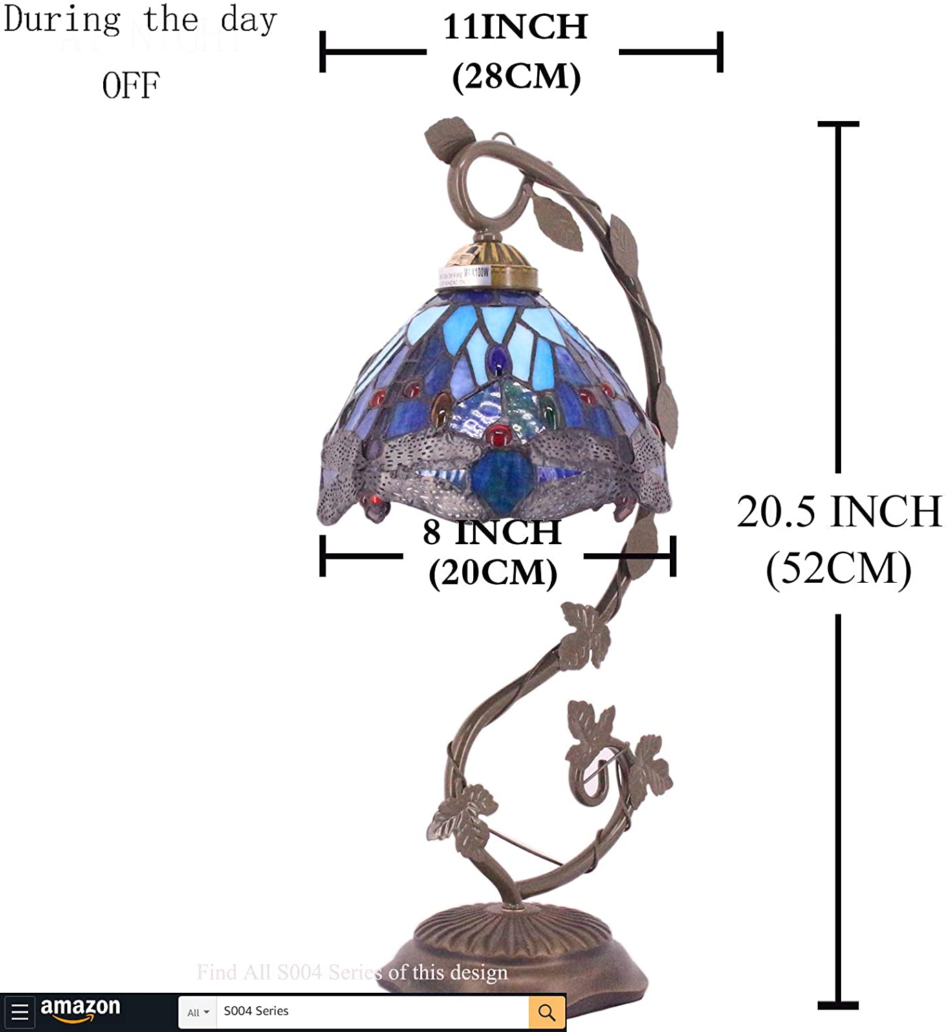 SHADY Tiffany Lamp Blue Stained Glass Dragonfly Style Table Lamp  Metal Leaf Base 8X10X21 Inches Desk Light Decor Small Space Bedroom Home Office S004 Series