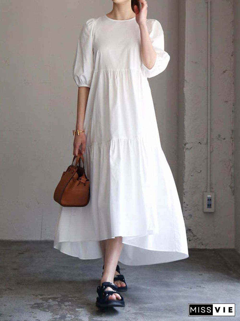 Half Sleeves Puff Sleeves Breathable See-Through Solid Color Round-Neck Midi Dresses