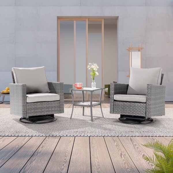 LIVOOSUN 3Piece Patio Sofa Set Gray Rattan Swivel Rocking Chair Glass Table