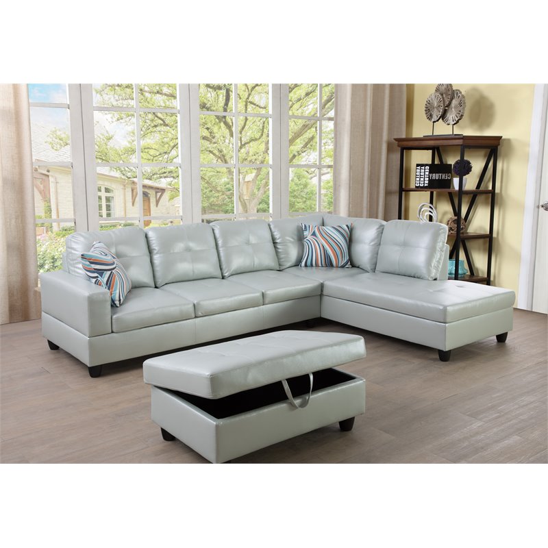 Lifestyle Furniture Biscuits Right-Facing Sectional & Ottoman in Silver/Green