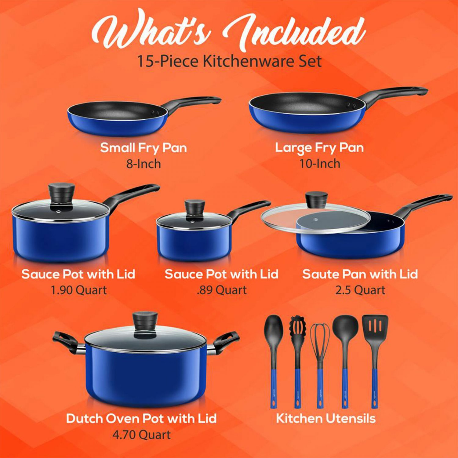 SereneLife 15 Piece Pots and Pans Non Stick Chef Kitchenware Cookware Set， Blue