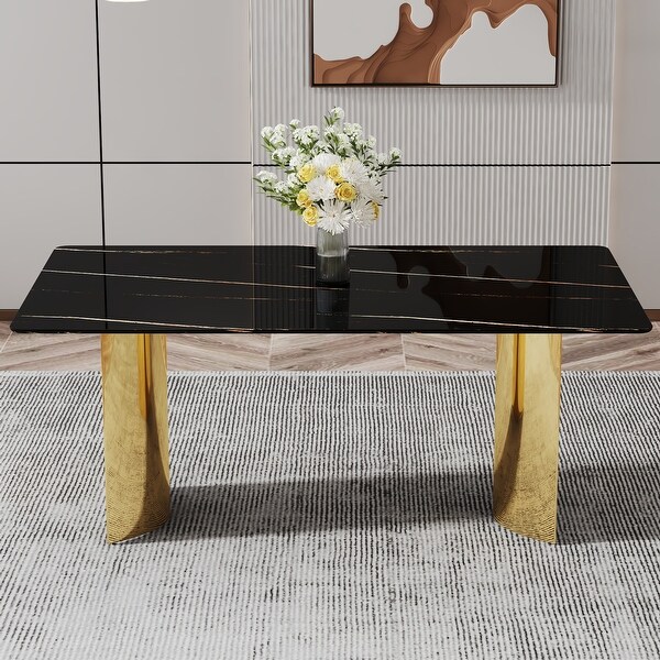 Modern Minimalist Dining Table with Black Patterned Glass Desktop and Golden Metal Legs