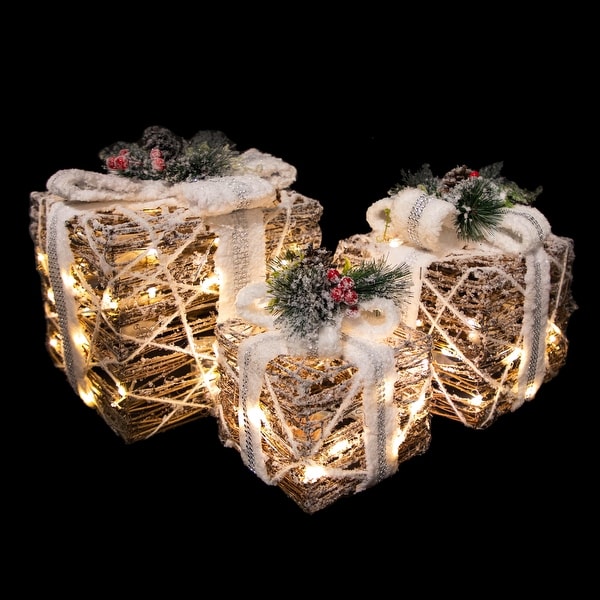 Set of 3 LED Gift Boxes With Pine Berries Christmas Decorations 9.75