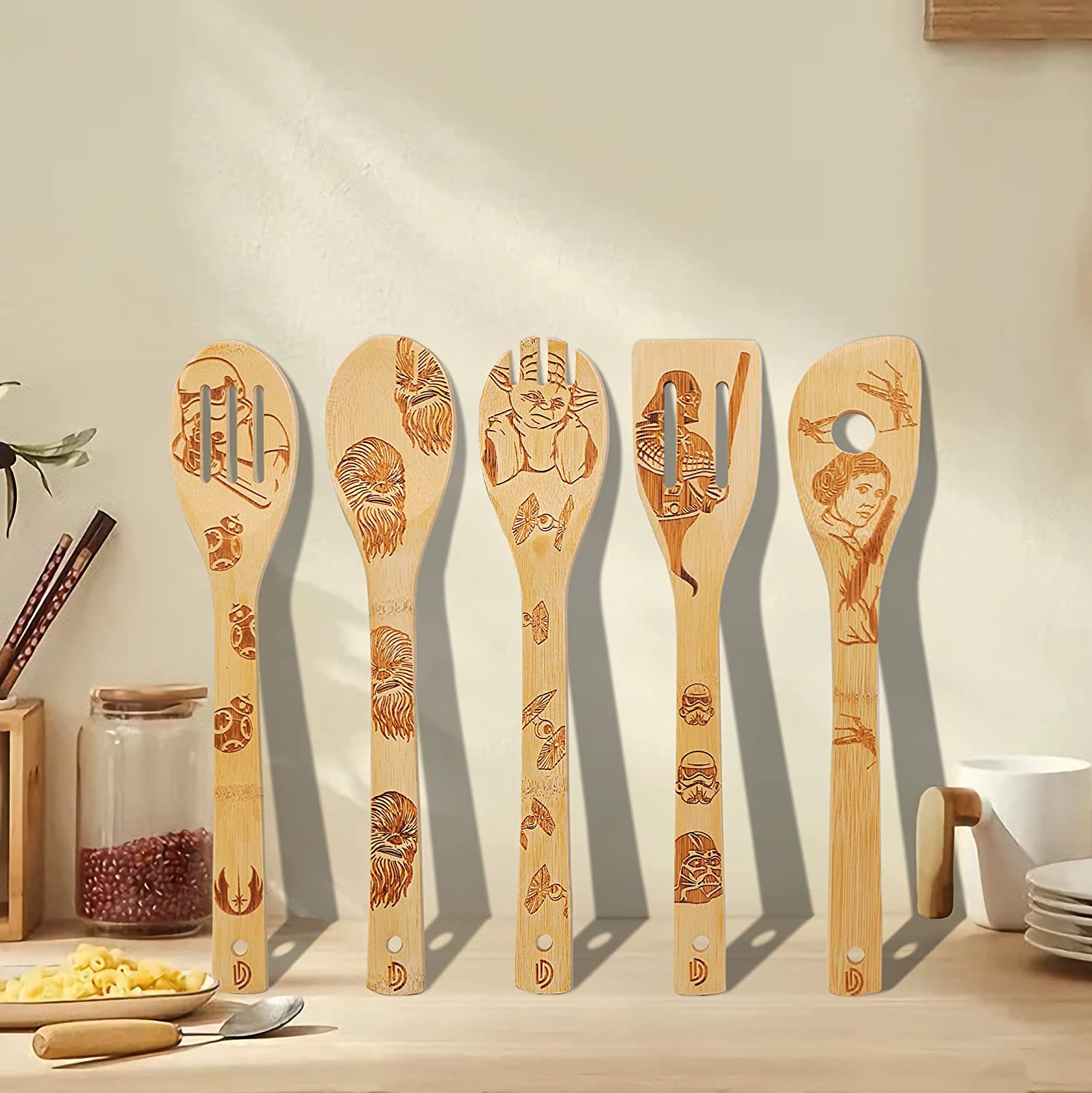 Star Wars, Burned Wooden Spoons for Cooking, Utensil Set Friends Gifts Idea for Women and Men, 5 Piece Cooking Serving Utensils Natural Kitchen House Warming Presents Slotted Spoon