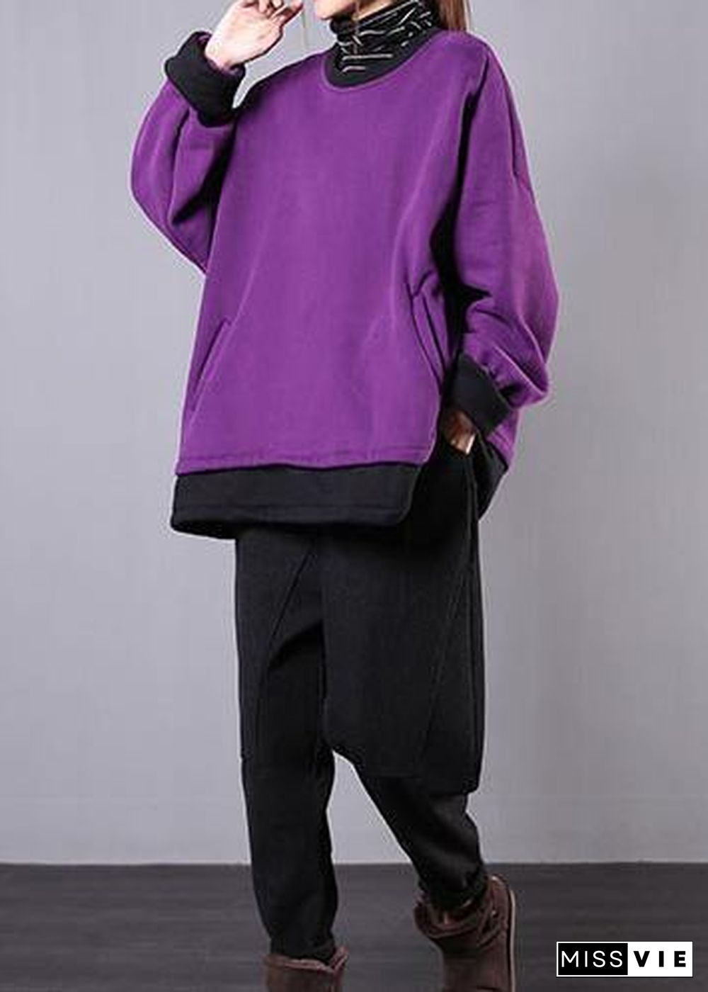 Loose o neck pockets cotton clothes For Women Inspiration purple shirts