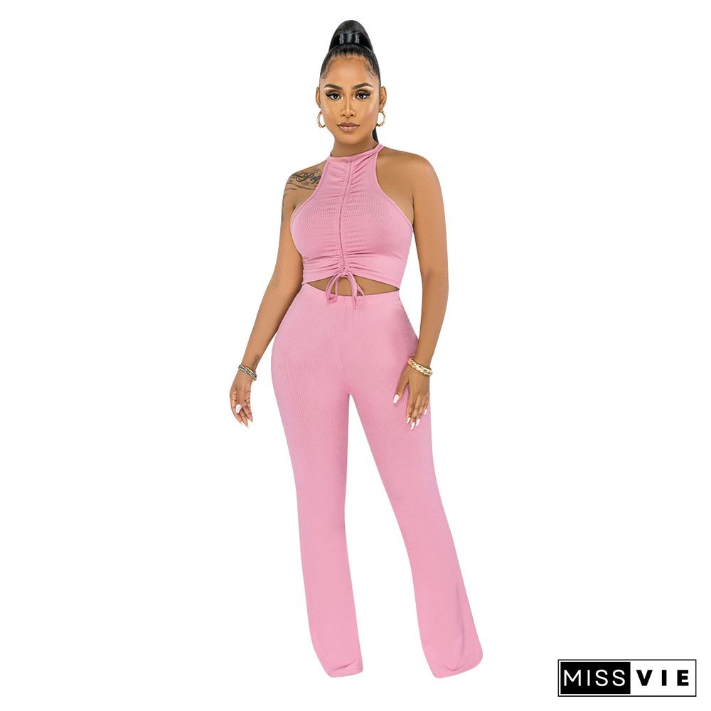 Solid Bandage Sleeveless Crop Top Flare Pants Set