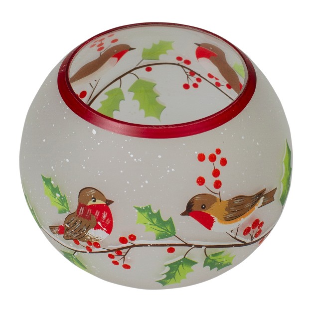 Northlight 5 inch Hand Painted Finches And Pine Flameless Glass Candle Holder