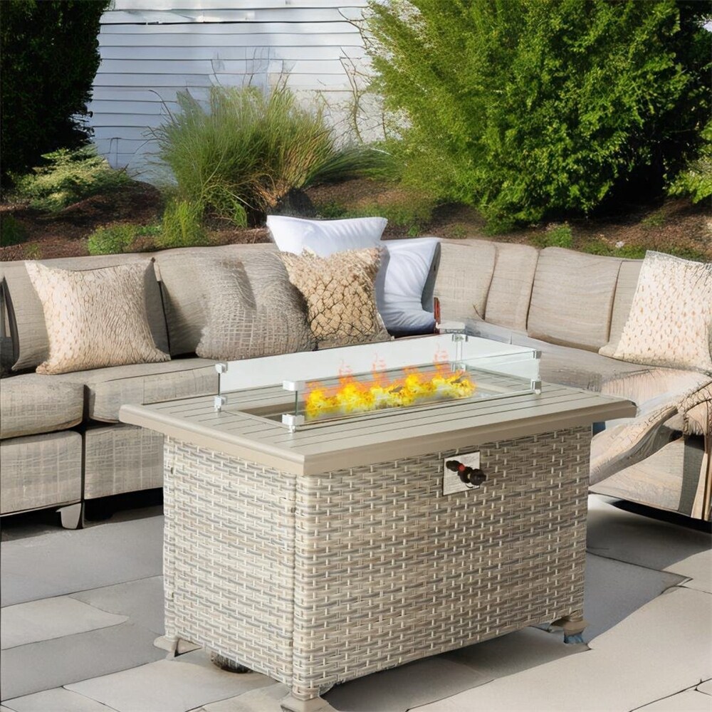 Outdoor Wicker Gas Fire Table with Glass Wind Guard   N/A