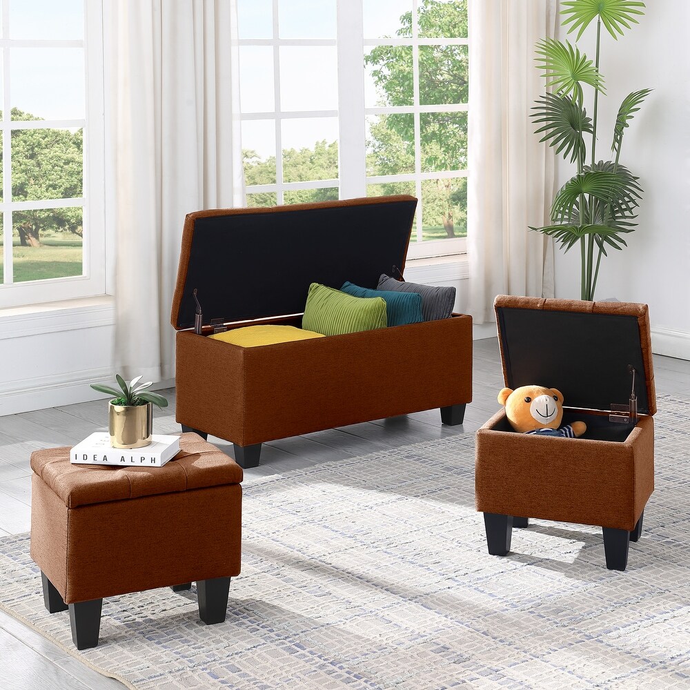 3 Pcs Large Storage Ottoman Bench Set  Combination Ottoman  Tufted Ottoman Linen Bench for Living Room  Hallway  Bedroom