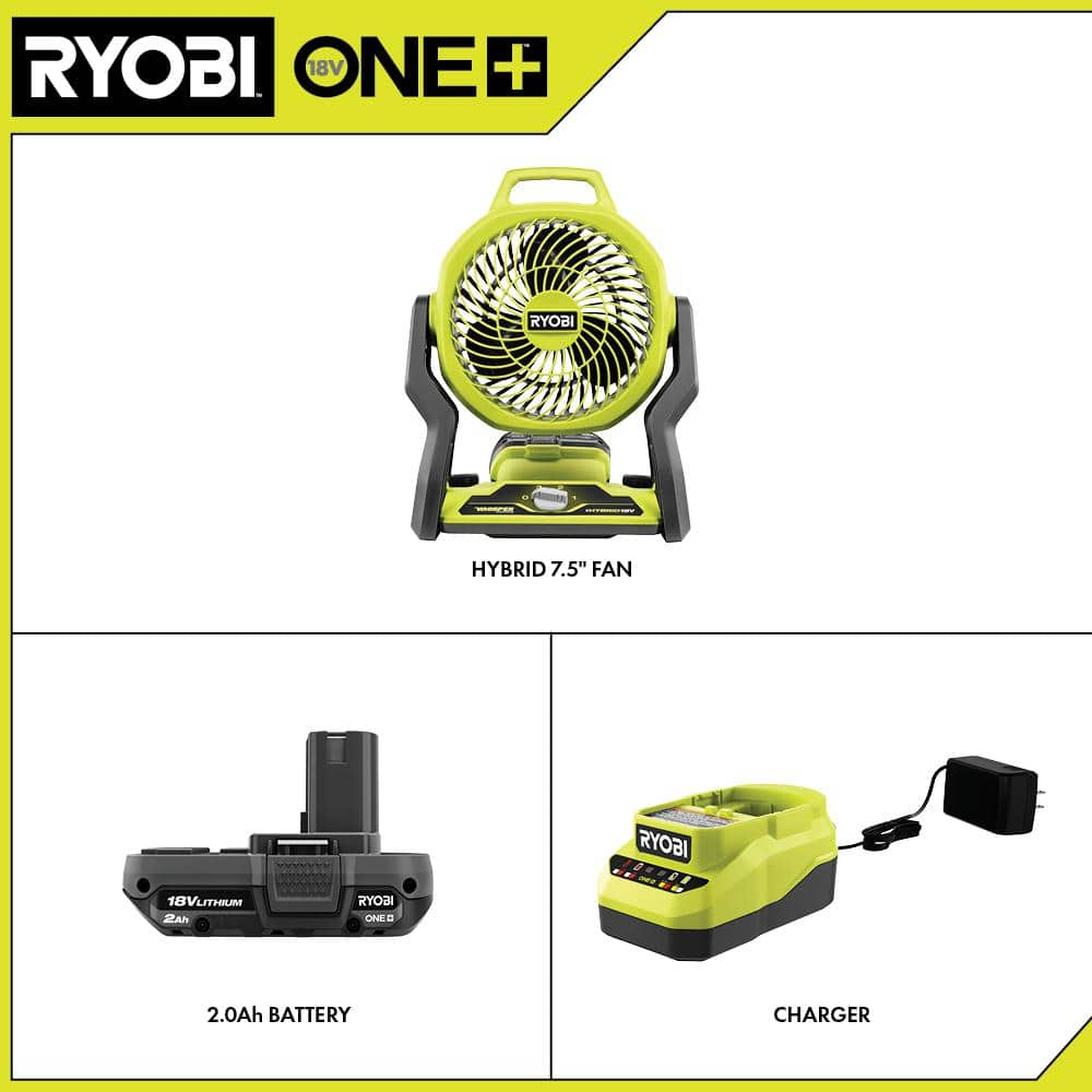 RYOBI ONE+ 18V Cordless Hybrid WHISPER SERIES 7-1/2 in. Fan Kit with 2.0 Ah Battery and Charger PCL811KN