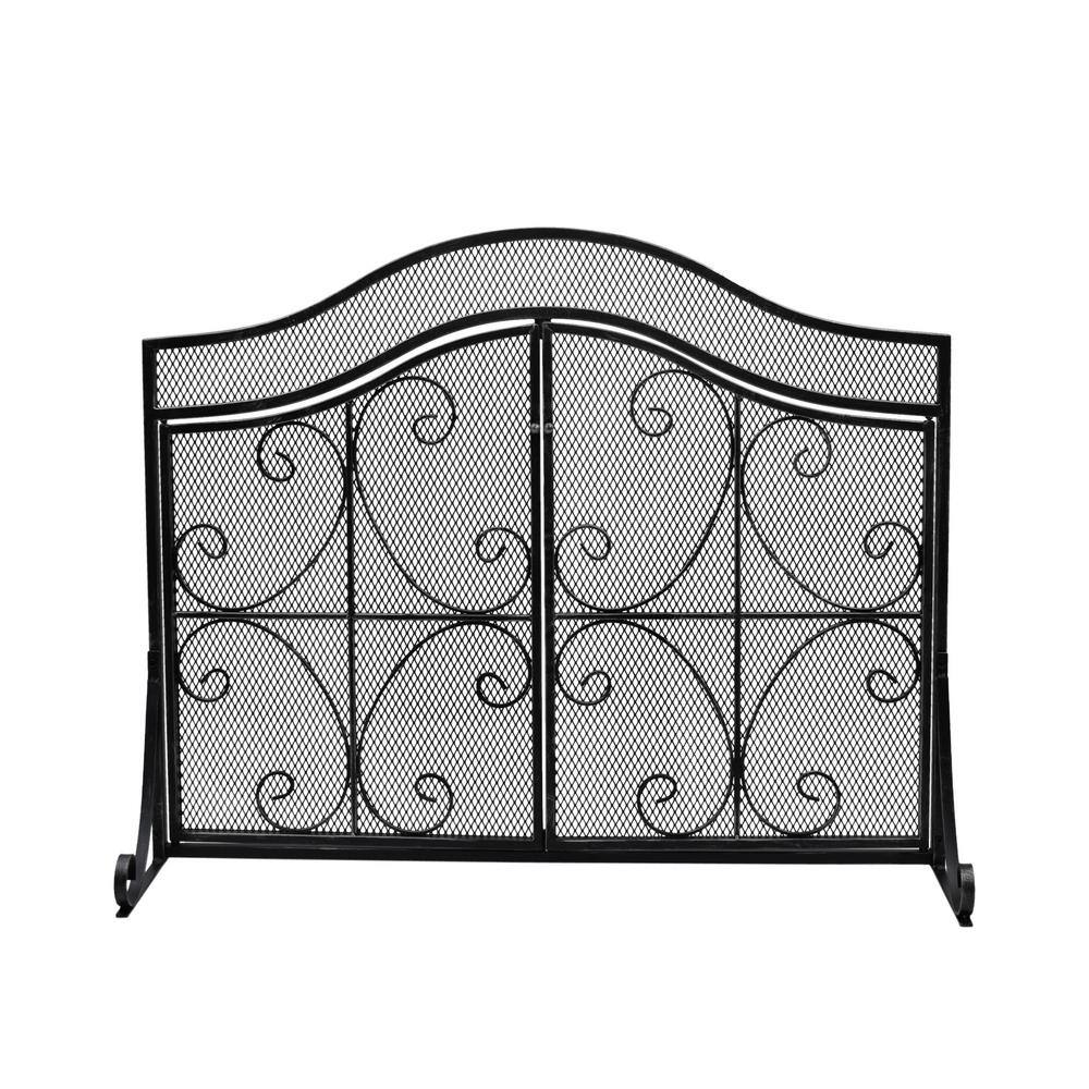 Noble House Pendleton Modern Black and Silver Three Panel Iron Fire Screen with Door 67406