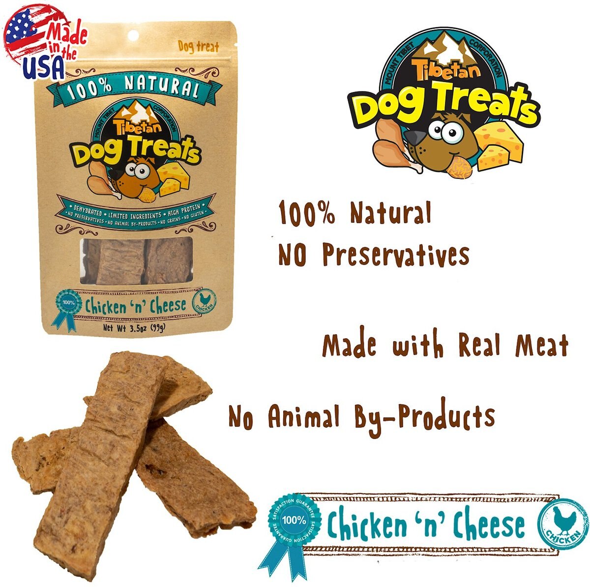 Tibetan Dog Treats Chicken 'n' Cheese Grain-Free Dehydrated Dog Treats， 3.5-oz pouch