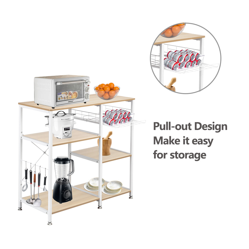 Metal Storage Shelves， Microwave Oven Stand Storage Cart Storage Shelf， X-shaped Metal Shelving with 5 Hanging Hook， Round Corner， Adjustable Feet， Pull-out Basket， 3-Tier Shelves， Natural， Q4502